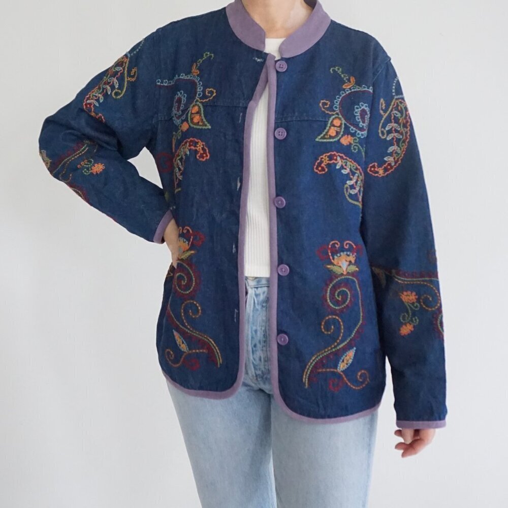 Vintage Denim & Co Blue Paisley Embroidered Button Jacket Boho Cottagecore L